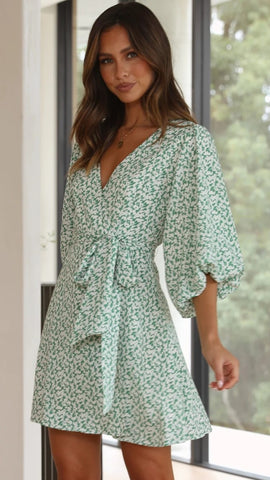 Green Floral Waist Tie Mini Dress