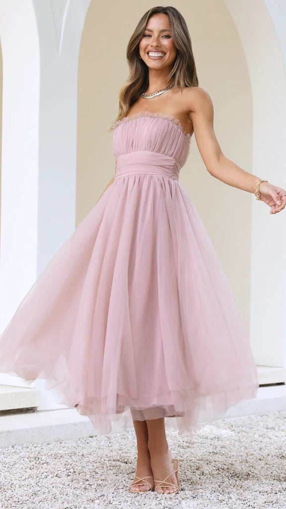 strapless open back dress Pink Tulle Off-Shoulder Tea Length Formal Dress