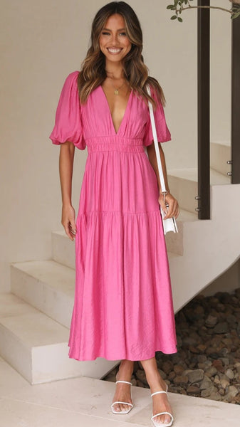 Pink Deep V Neckline Tiered Midi Dress