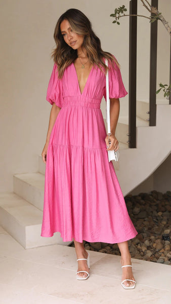 Pink Deep V Neckline Tiered Midi Dress