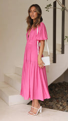 Pink Deep V Neckline Tiered Midi Dress