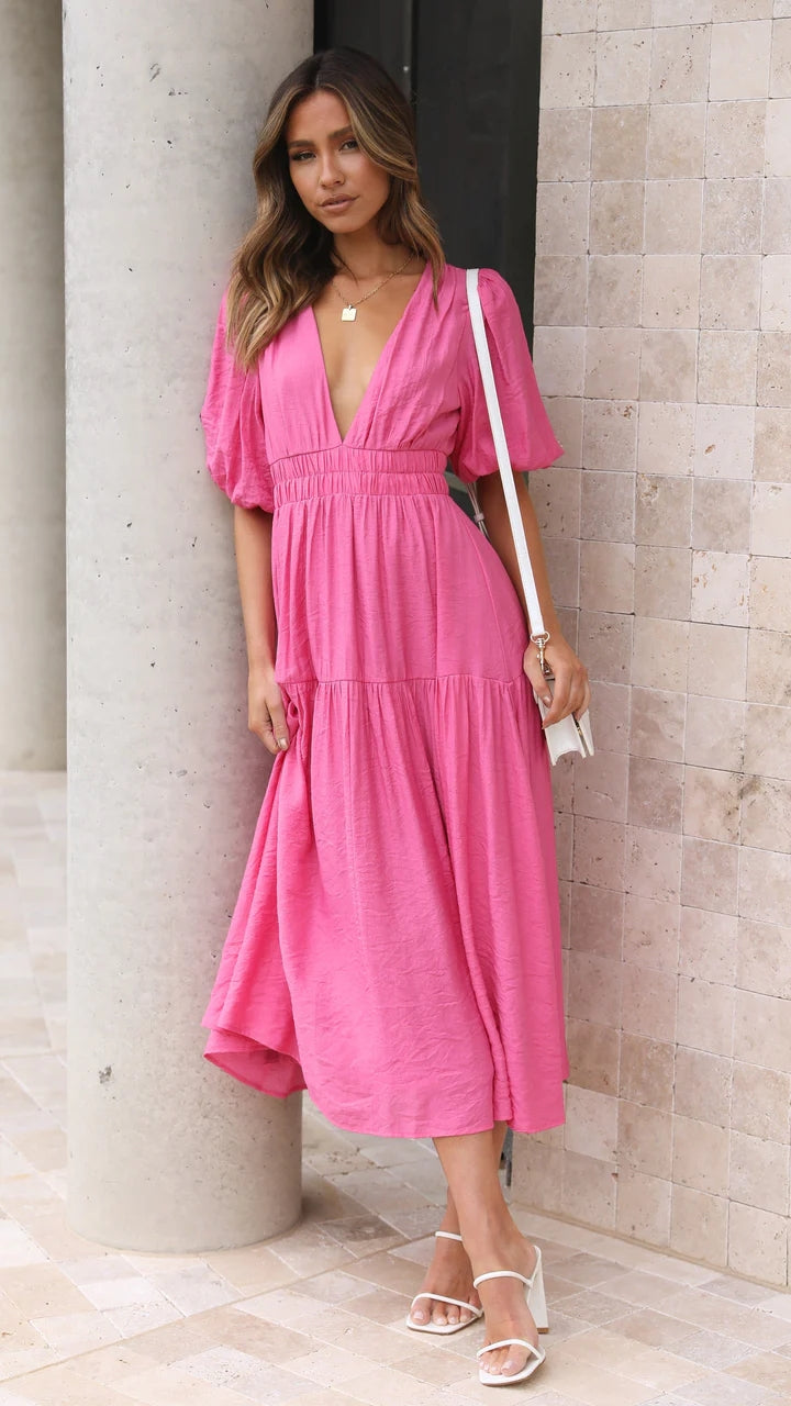 Pink Deep V Neckline Tiered Midi Dress