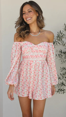 Pink Floral Off Shoulder Romper