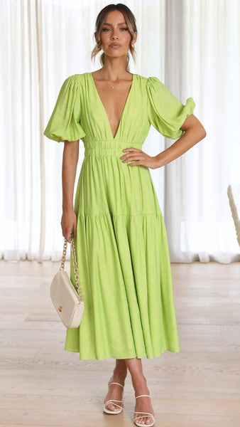 Lime Deep V Neckline Tiered Midi Dress