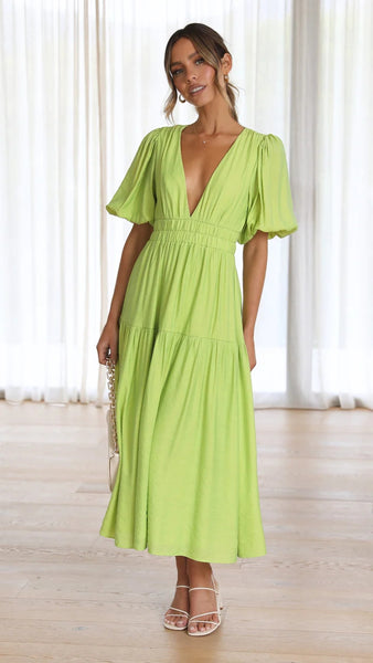 Lime Deep V Neckline Tiered Midi Dress