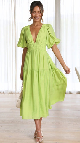 Lime Deep V Neckline Tiered Midi Dress