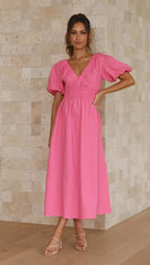 Hot Pink Deep V Neck Midi Dress