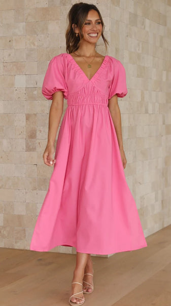 Hot Pink Deep V Neck Midi Dress