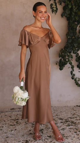 Chocolate Off Shoulder Midi Dress