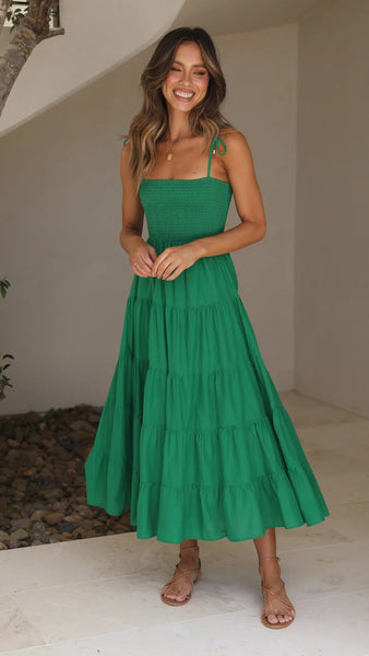 Green Shoulder Tie Tiered Midi Dress