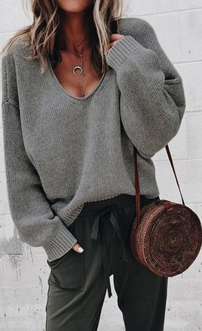 Dark Gray V-neck Long Sleeve Women Knit Sweater