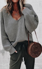 Dark Gray V-neck Long Sleeve Women Knit Sweater