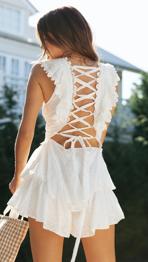 White Crochet Lace Up Back Dress