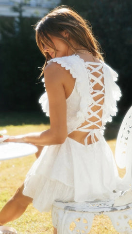 White Crochet Lace Up Back Dress