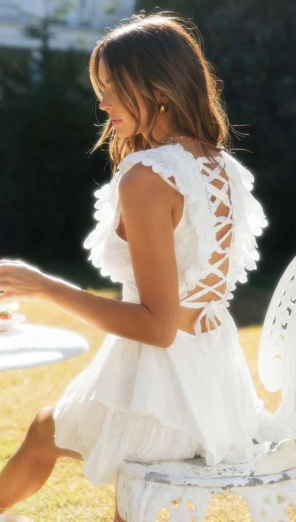 White Crochet Lace Up Back Dress Gabi Swimwear White Crochet Lace Up Back Dress Gabi Swimwear