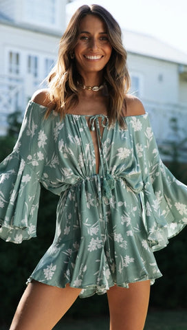 Sage Floral Off Shoulder Withdraw Rompers