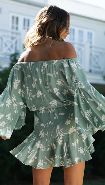 Sage Floral Off Shoulder Withdraw Rompers