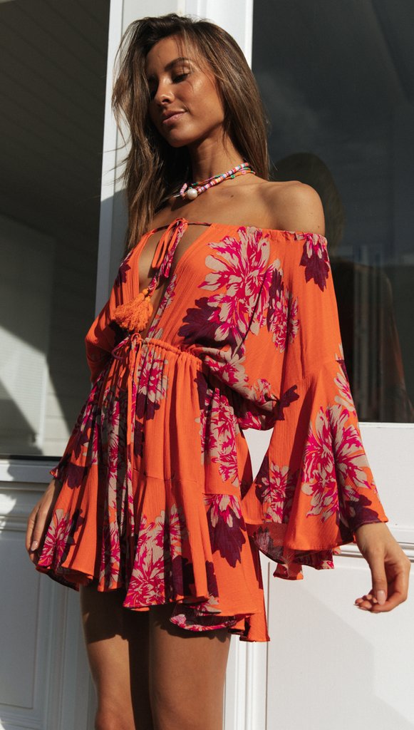 Carrot Floral Off Shoulder Withdraw Rompers
