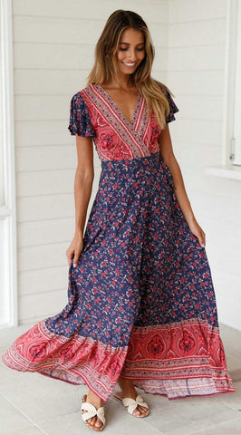 Navy Red Floral Sun Dress