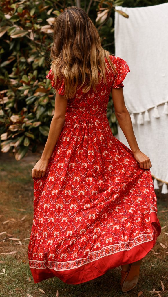 Red Floral Bohemia Sun Dress
