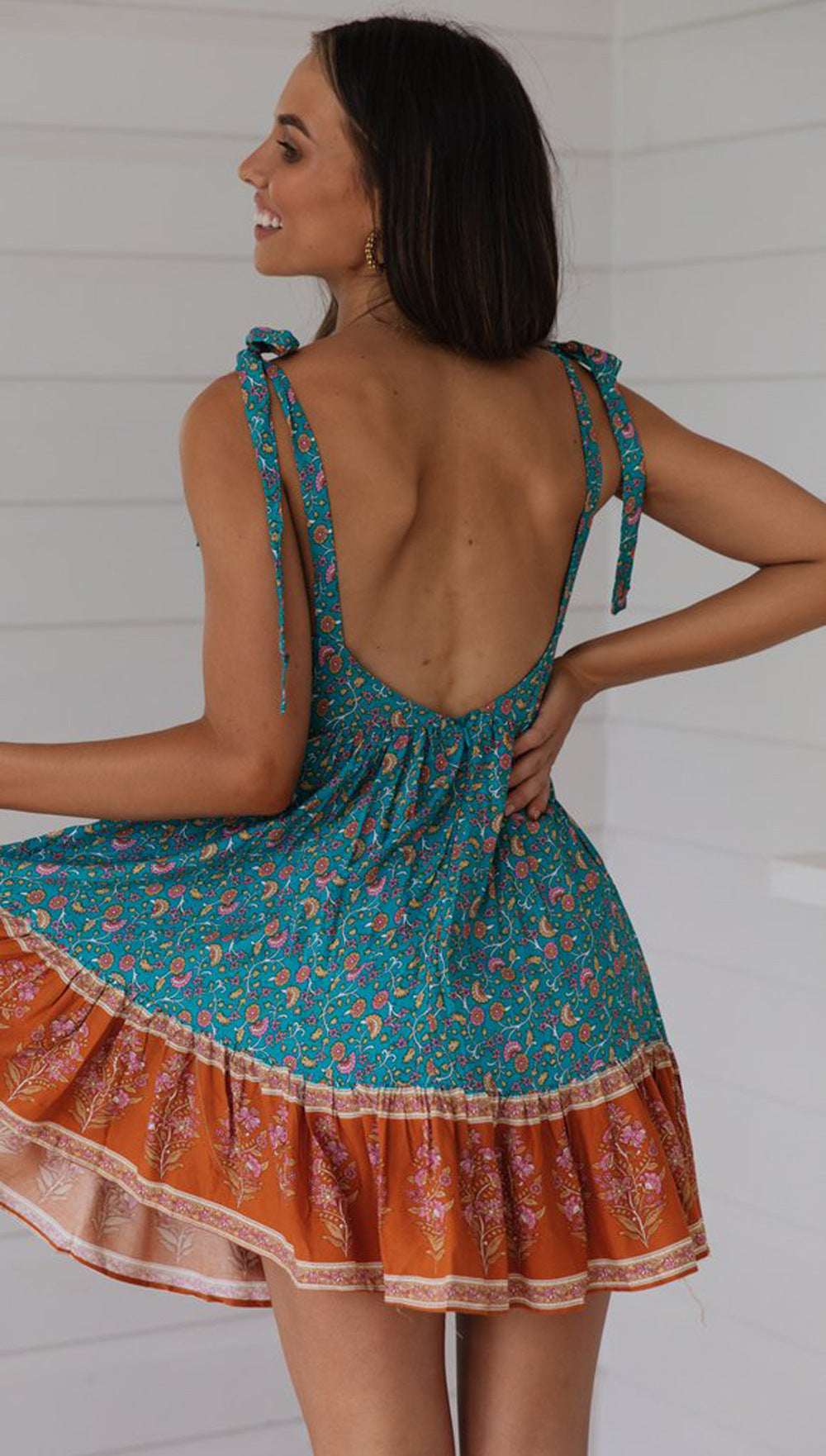 Turquoise Floral Shoulder-Tie Backless Dress