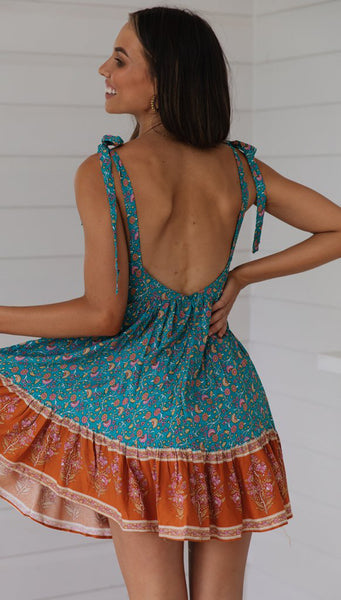 Turquoise Floral Shoulder-Tie Backless Dress