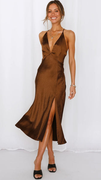 Brown Satin Midi Dress