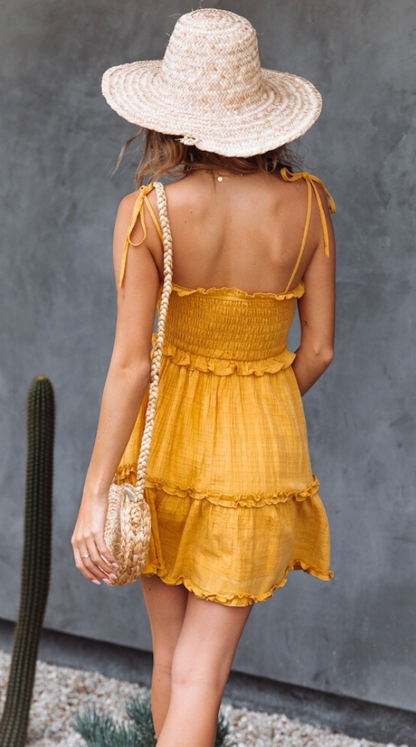 Yellow Smocked Shoulder-Tie Mini Dress