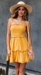 Yellow Smocked Shoulder-Tie Mini Dress