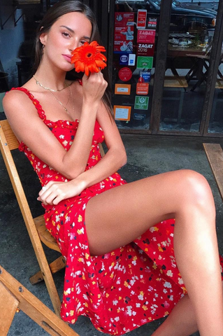 Red Floral Button Down Long Dress