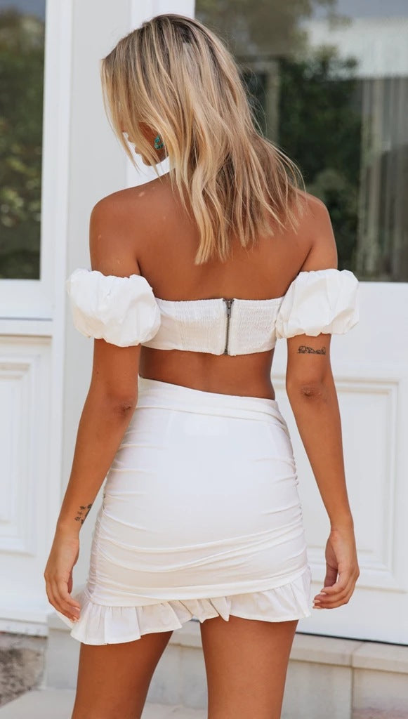 White Off Shoulder Top and Skirt Matching Sets