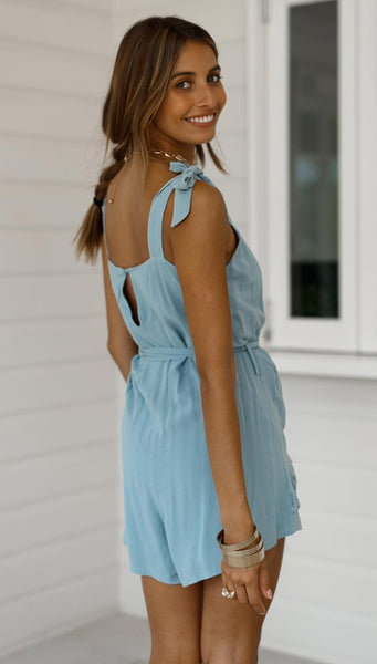 Baby Blue Shoulder-Knot Rompers