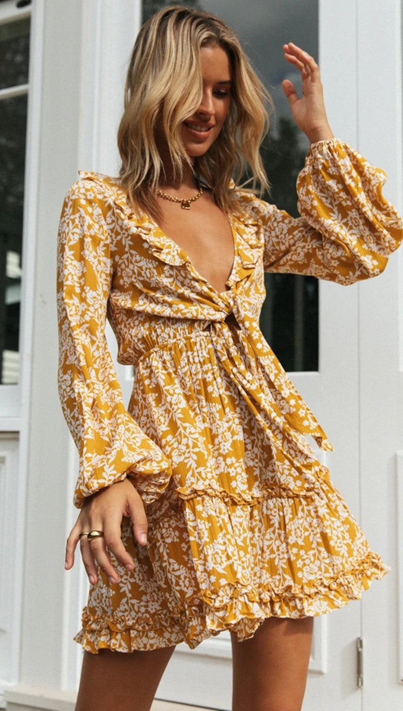 Yellow Floral Front Knot Dress