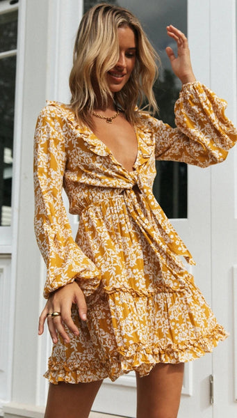 Yellow Floral Front Knot Dress – Gabi Swimwear