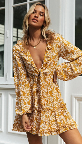Yellow Floral Front Knot Dress – Gabi Swimwear