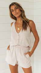 Beige Buttoned Top and Shorts Matching Sets