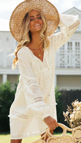 White Crochet Lace Long Sleeves Dress