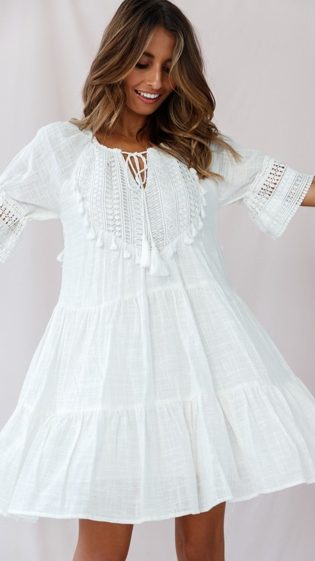 White Crochet Lace Neck-Tie Babydoll Dress