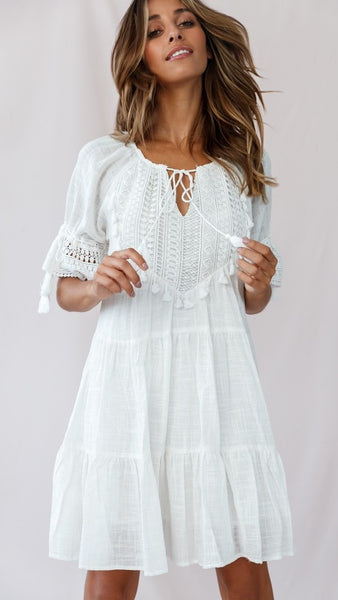 White Crochet Lace Neck-Tie Babydoll Dress