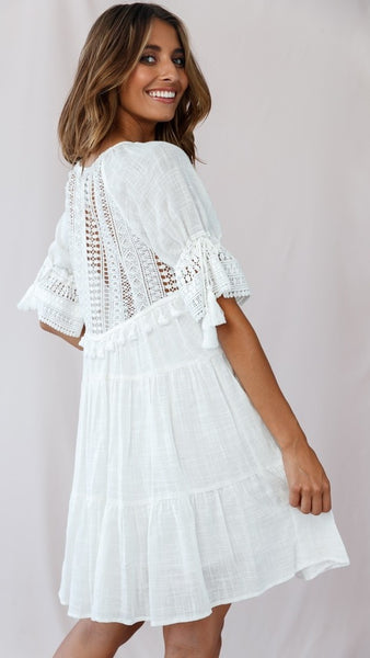 White Crochet Lace Neck-Tie Babydoll Dress