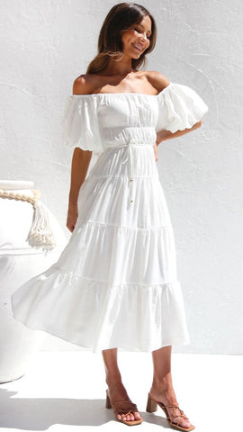 White Off Shoulder Midi Dress