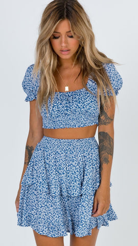 Navy Floral Crop Top and Skirt Sets