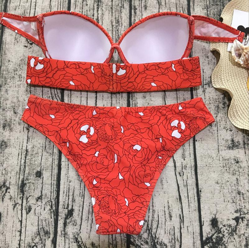 Red Floral Push Up Strapless Bikini Bathing Suits
