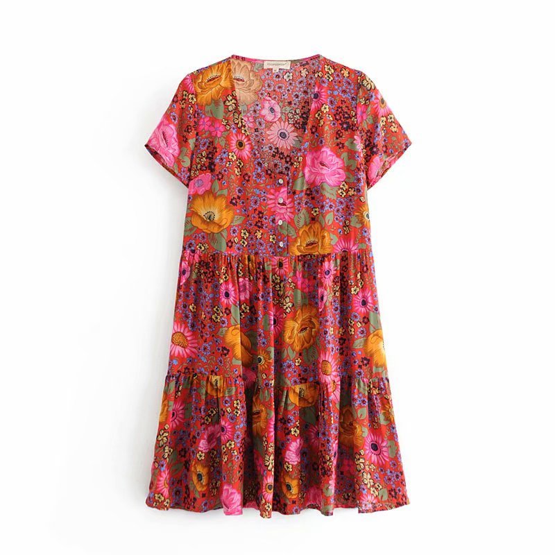 Retro Red Floral Buttoned Rayon Dress