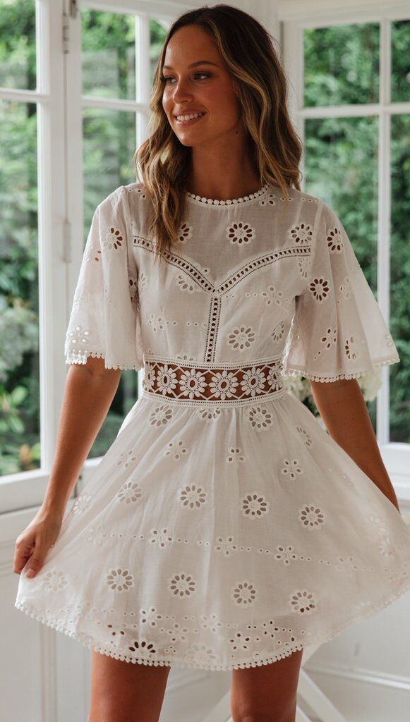 White Crochet Waist Flare Dress