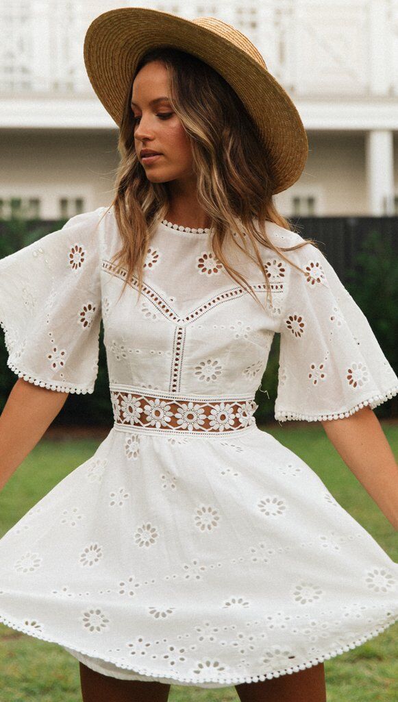 White Crochet Waist Flare Dress