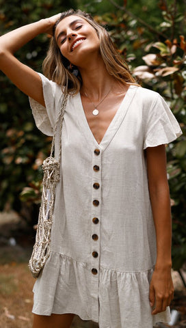 Beige Button Down Shift Linen Dress