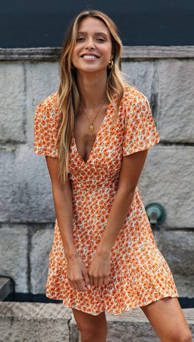 Orange Floral V Neck Mini Dress