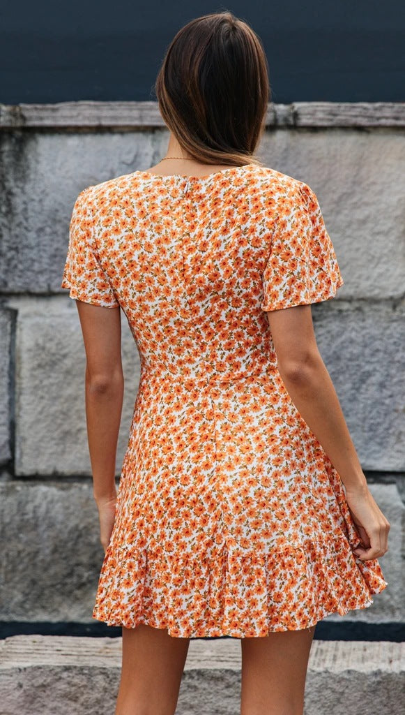 Orange Floral V Neck Mini Dress