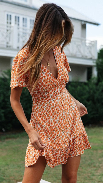 Orange Floral V Neck Mini Dress